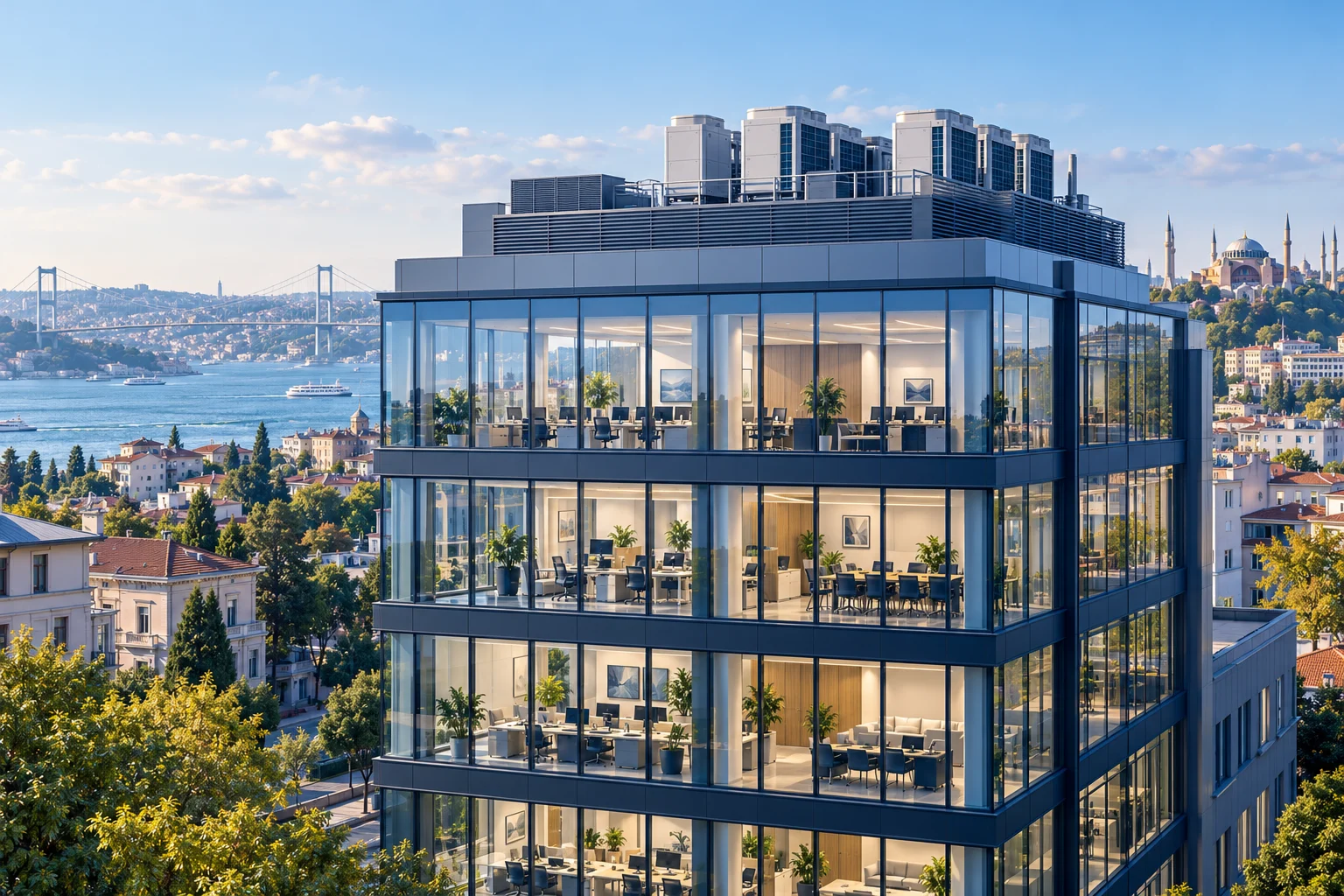Çatısında merkezi iklimlendirme dış üniteleri bulunan modern bir ofis binasının temsili çizimi